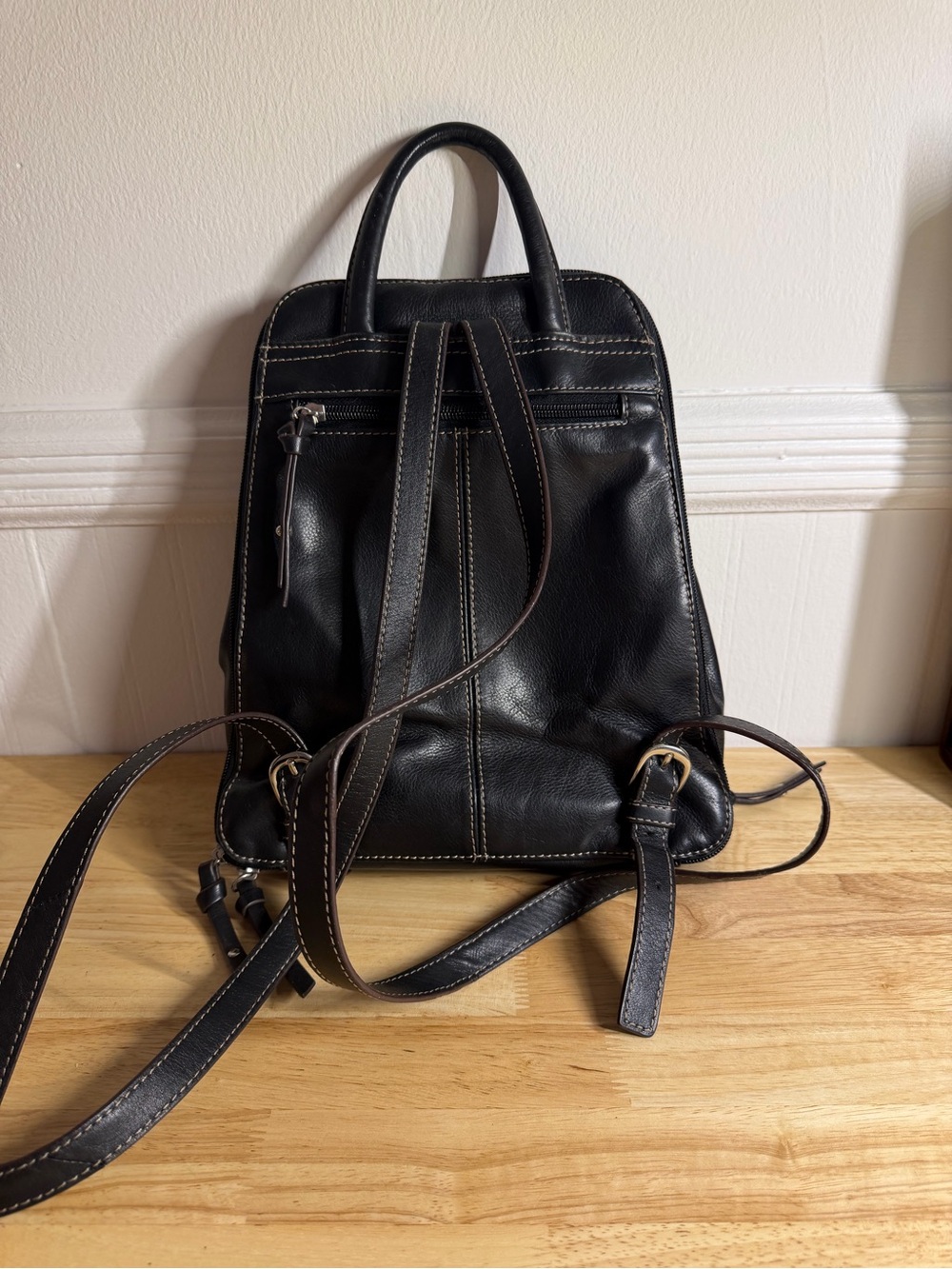 Tignanello Black Leather Backpack with Contrast Stitching